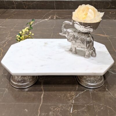 Real Marble Chowki with Metal Legs and Metal Elephant Set