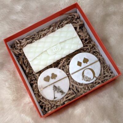Personalised Marble Coasters and Designer Bag Candle Set, 5 Bag Options