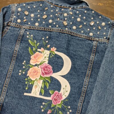 Handpainted Floral Denim Jacket with Name Initial
